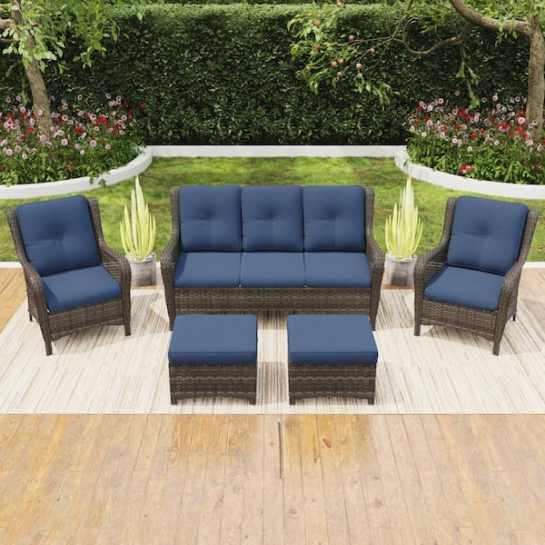 JOYSIDE 5-Piece Wicker Outdoor Patio Seating Set Sectional Sofa with Blue Cushions