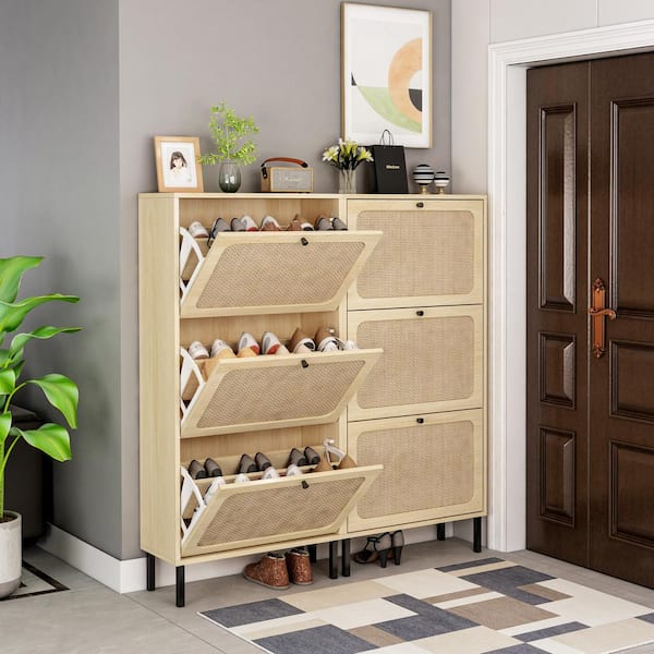 BORNOON Wood Shoe Cabinet with 3 Flip Drawers, Hidden Shoe Storage Cabinet  for Entryway,Freestanding Shoe Rack Storage