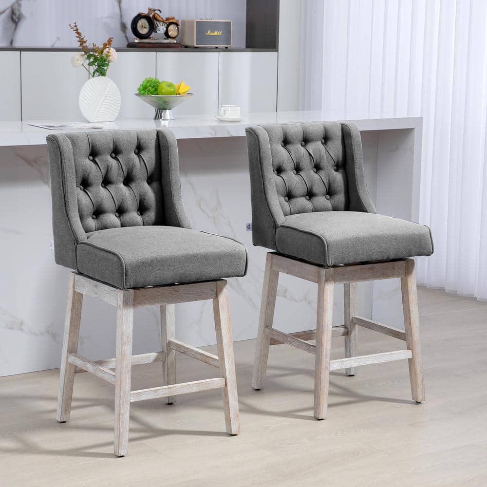 Gray 180° 27 in. Seat Height Swivel Bar Stools (Set of 2) Bar Chairs with Solid Wood