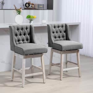 Gray 180° 27 in. Seat Height Swivel Bar Stools (Set of 2) Bar Chairs with Solid Wood Footrests and Button Tufted
