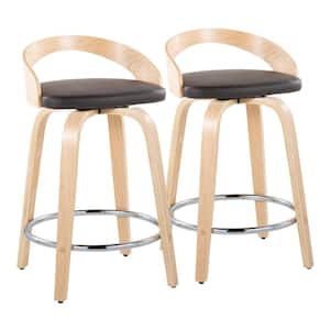 Grotto 24 in. Brown Faux Leather, Natural Wood and Chrome Metal Fixed-Height Counter Stool (Set of 2)