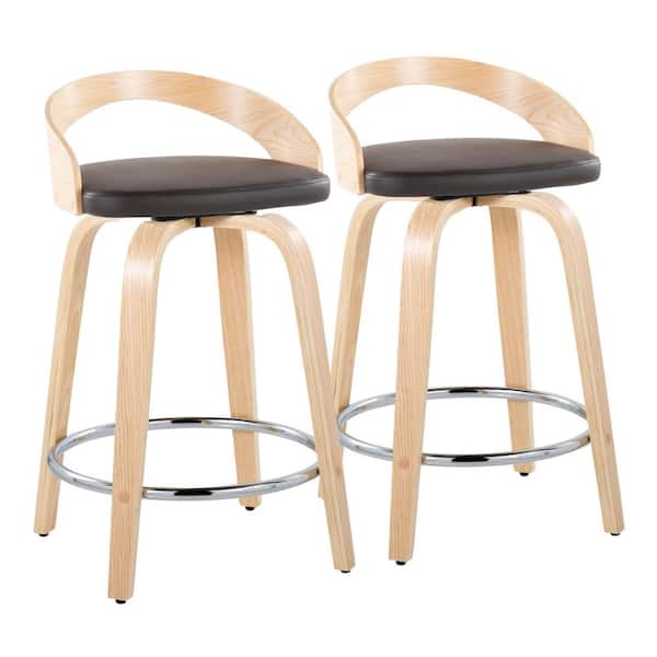 Lumisource Grotto 24 in. Brown Faux Leather, Natural Wood and Chrome Metal Fixed-Height Counter Stool (Set of 2)