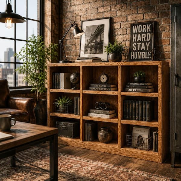 36 in. Dry Oak Wood 9-shelf Standard Bookcase with Adjustable Shelves