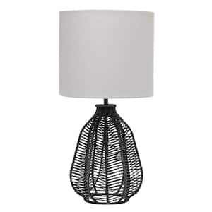 21 in. Black Tall Boho Coastal Paper Rope Rattan Wicker Look Standard Table Desk with Light Gray Fabric Linen Shade