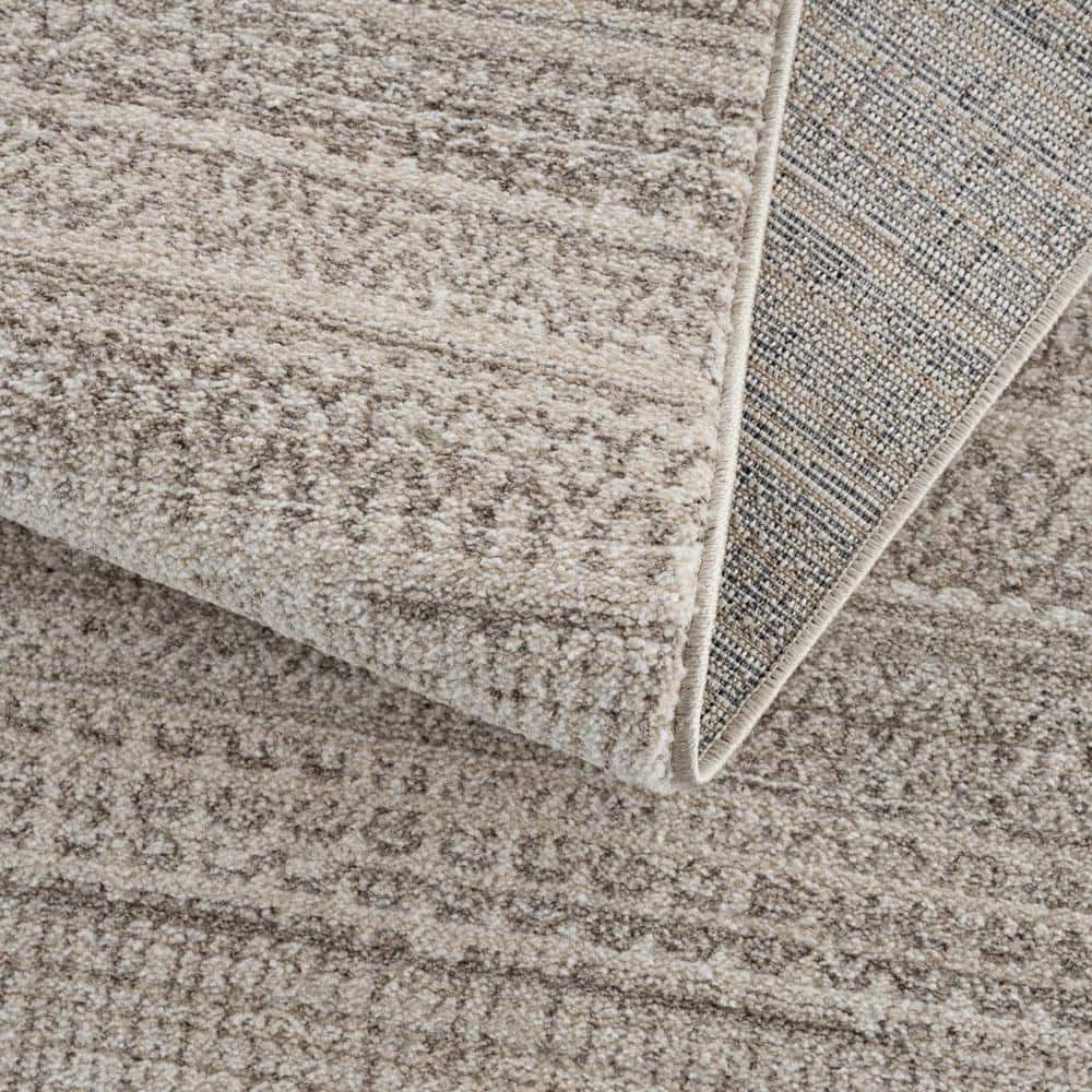 Ivory and Beige High Pile Polyester Rectangle Area Rug 5'3" x 7'