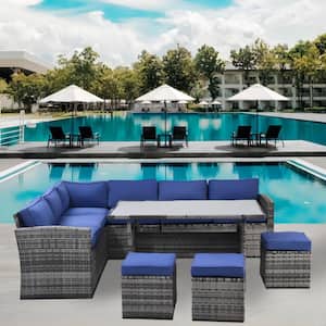7-Piece Wicker Rattan Outdoor Patio Conversation Sofa Set with Backrest and Blue Removable Cushions