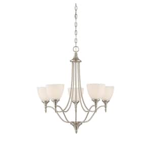 Herndon 26 in. W x 27 in. H 5-Light Satin Nickel Chandelier with White Frosted Glass Shade