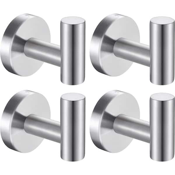 PRIMEPLUS 4-Piece Stainless Steel J-Hook Robe/Towel Hook with Round Mount Post in Brushed Nickel