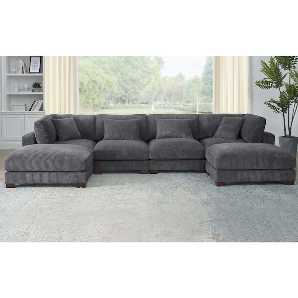 Monland 144 in. Square Arm Polyester Corduroy U-Shaped Modular Chaise Deep-Seated Oversized 6-Pieces Sectional Sofa in Dark Grey