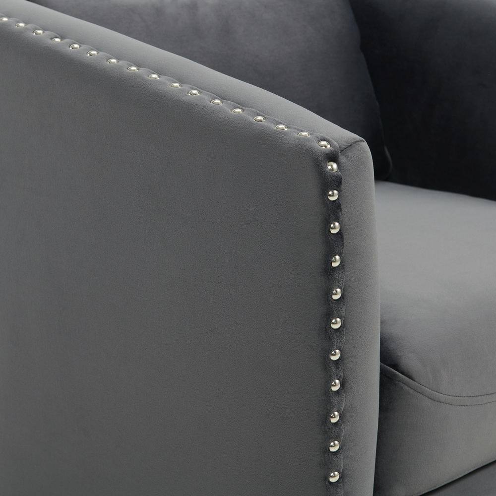 Gray Velvet Barrel Swivel Chair with Chrome Nail Head Trim