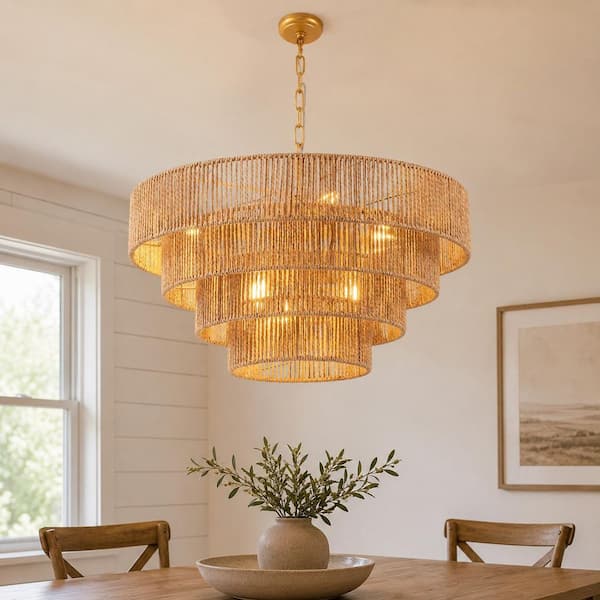 YANSUN 20in. 6-Light Hand Woven Rattan Pendant Light, Boho Brown