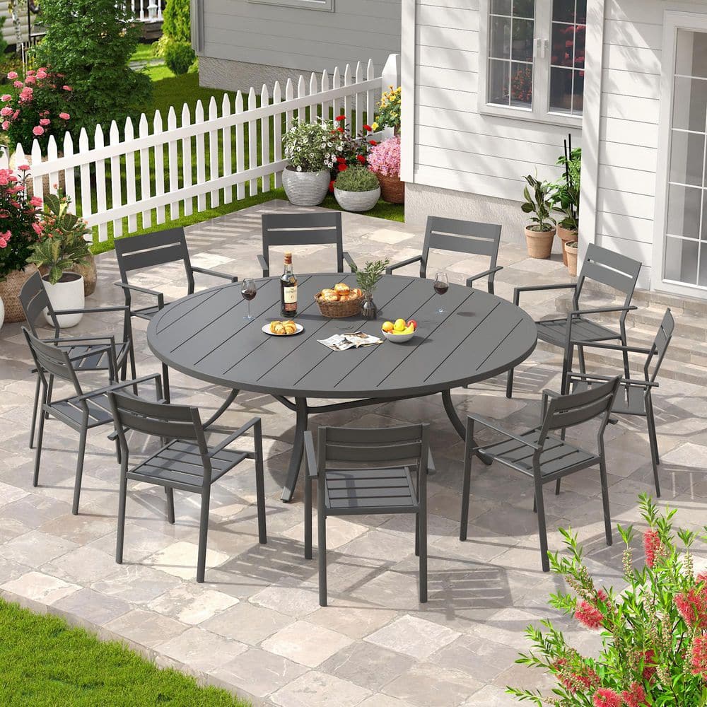 11-Piece Metal Outdoor Dining Set with 63 in. Gray Round Patio Table and 10 Gray All-Weather Stackable Dining Chairs price history on PriceWatchPro
