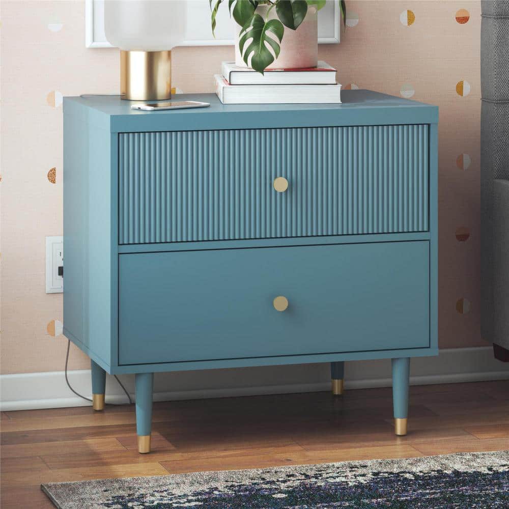 Smoke Blue 2-Drawer Nightstand with Gold Accents
