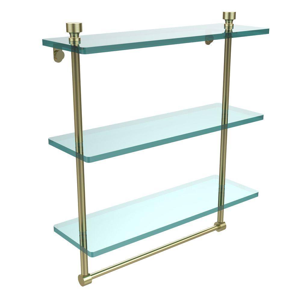 16 Inch Satin Brass Triple Tiered Glass Wall Shelf