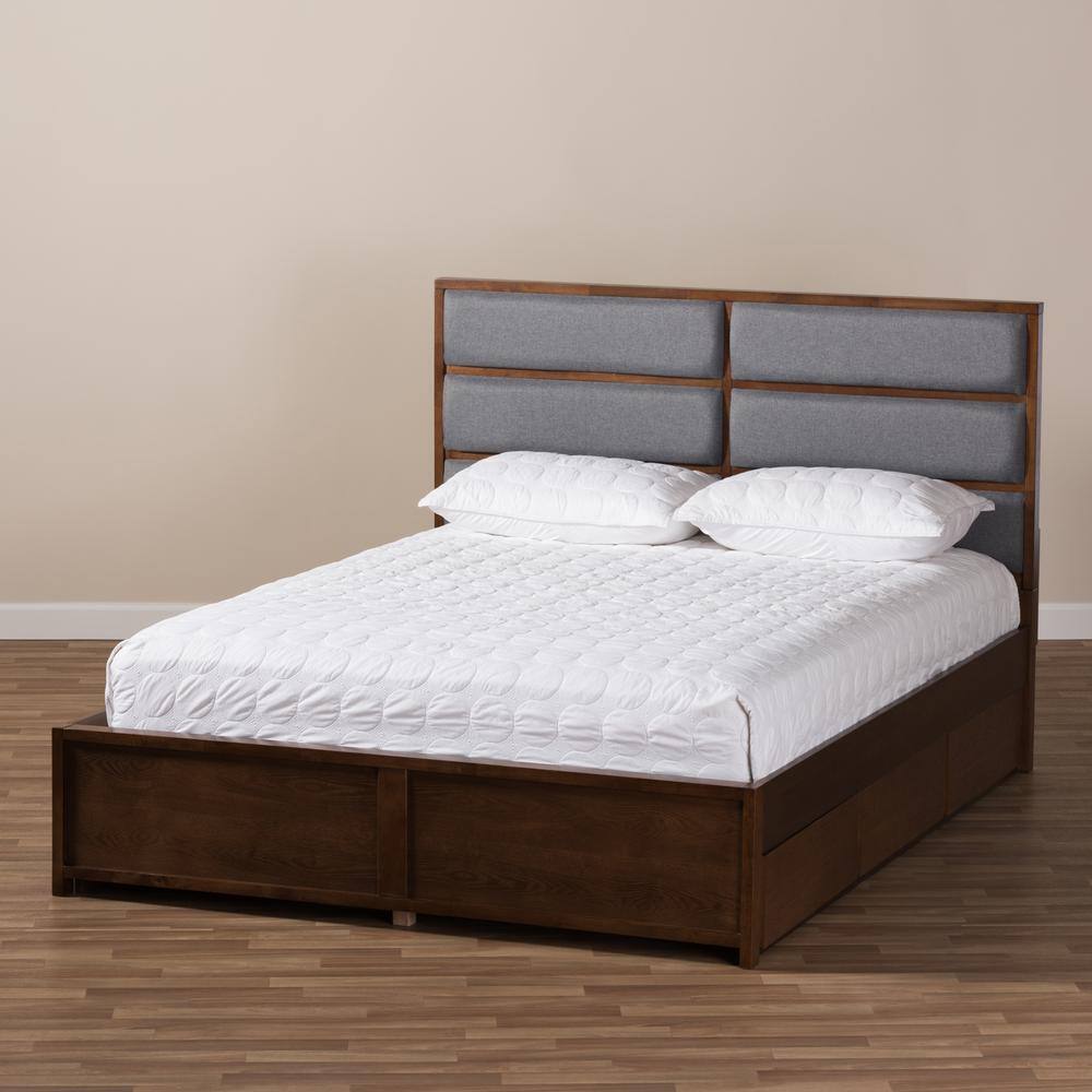 Walnut and Gray Upholstered Queen Storage Platform Bed with Drawers