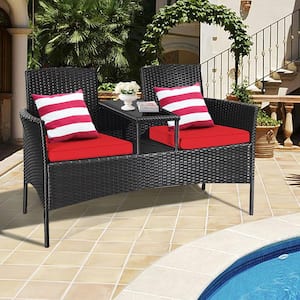 3-Pieces Rattan Wicker Patio Conversation Set with Table Red Cushion