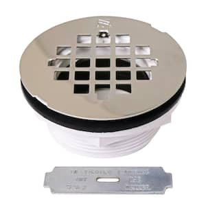 2 in. No-Caulk PVC Compression Shower Drain with 4-1/4 in. Round Grid Cover, Polished Nickel