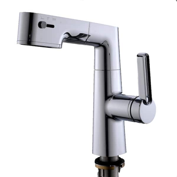 Tomfaucet Digital Display 3-Spray Pull-Out Single Handle Single Hole Bathroom Faucet in Polished Chrome