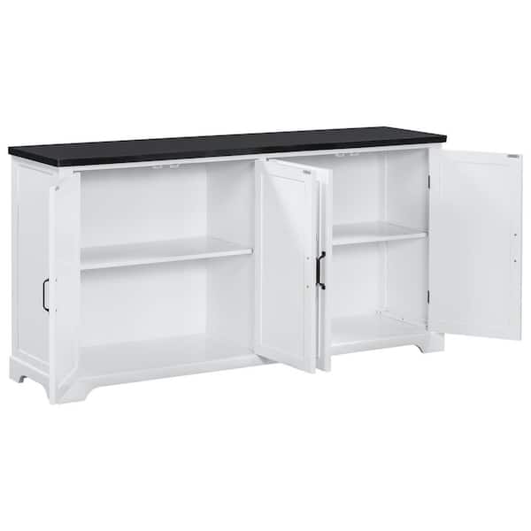 Black White Wood 62.8 in. Sideboards with Pine Doors and Legs, 4-Metal Handles