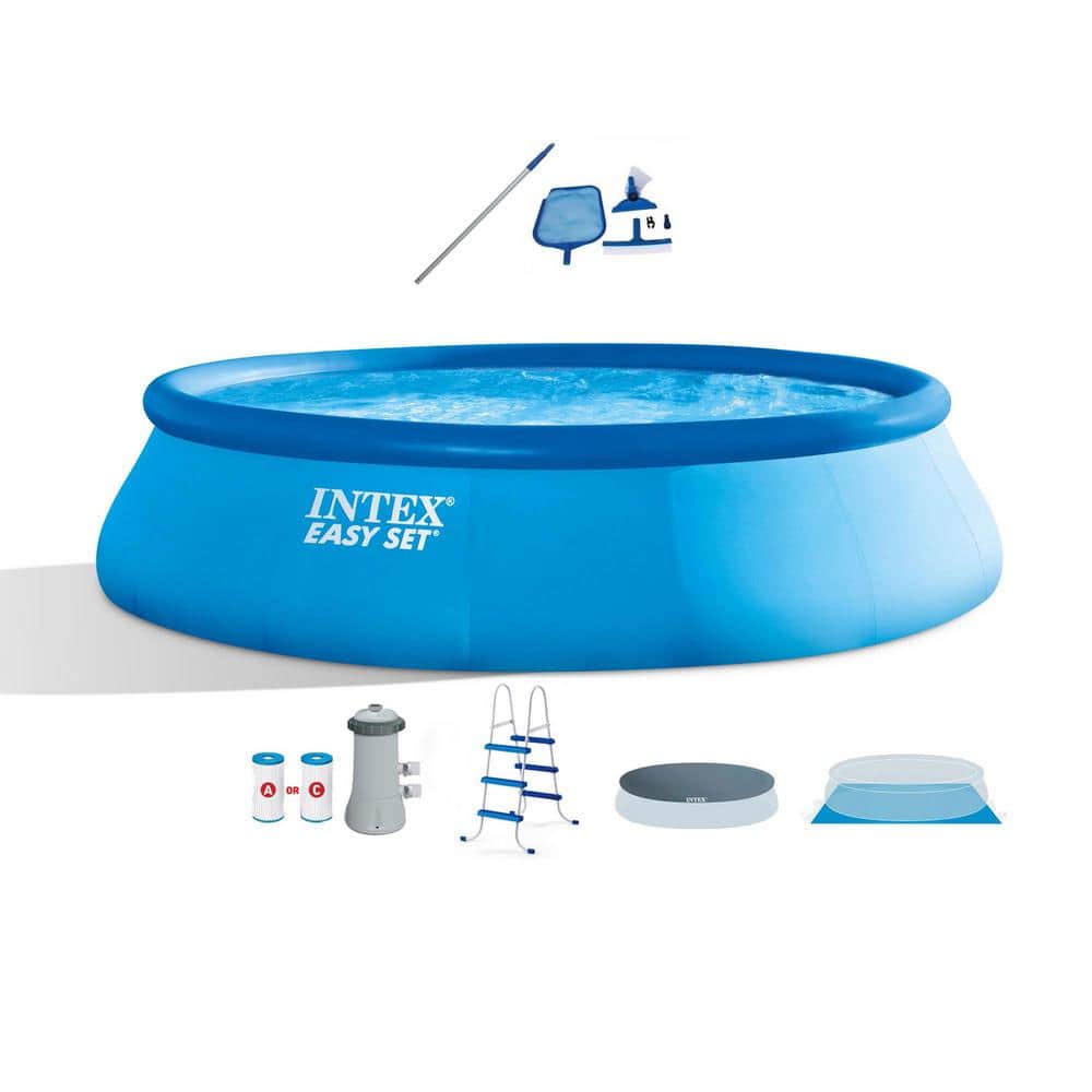 Intex 15 ft. x 42 in. Round Inflatable Swimming Pool with Ladder, Cover, Pump, Vacuum and Pole, Blue -  112763