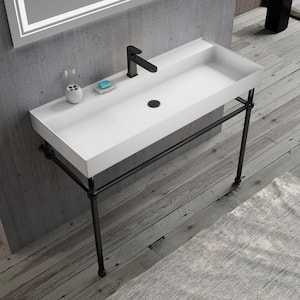 KOLN 48 in. Resin Stone Solid Surface Console Sink White Basin Black Legs