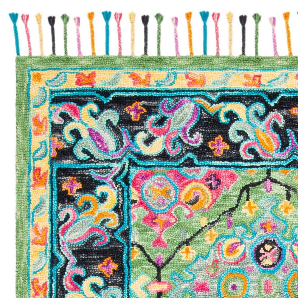 Black Floral Tufted Wool Square Rug - Easy Care, Handmade