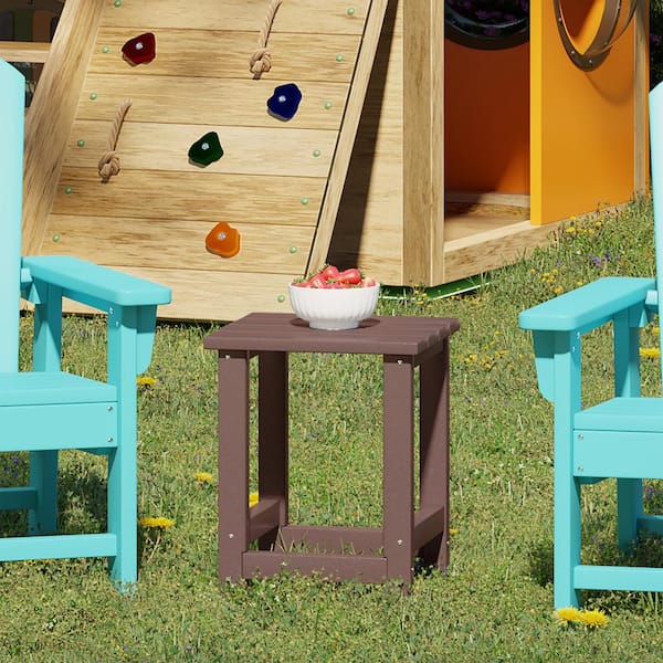 Children's Laguna Outdoor Patio All Weather Fade Resistant Kids Poly Plastic Adirondack Square Side Table in Dark Brown
