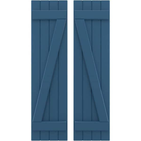 Ekena Millwork 14 in. W x 37 in. H Americraft 4 Board Exterior Real Wood Joined Board and Batten Shutters with Z-Bar Sojourn Blue