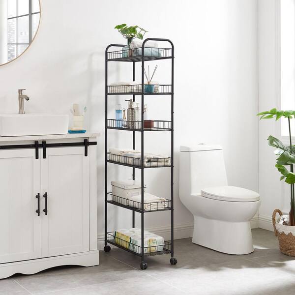 6 Tier Slim Rolling Storage Cart Mobile Shelving Unit w/ Wheels and Baskets for Kitchen Bathroom Office Laundry in Black