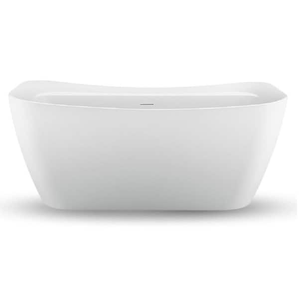 59 in. Acrylic Flatbottom Non-Whirlpool Bathtub in Glossy White with Brushed Nickel Drain