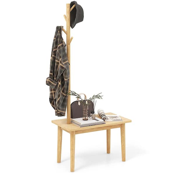 Costway Natural Coat Rack with 2-in-1 Side Table 3-Hooks for Hats Bags Coats Freestanding