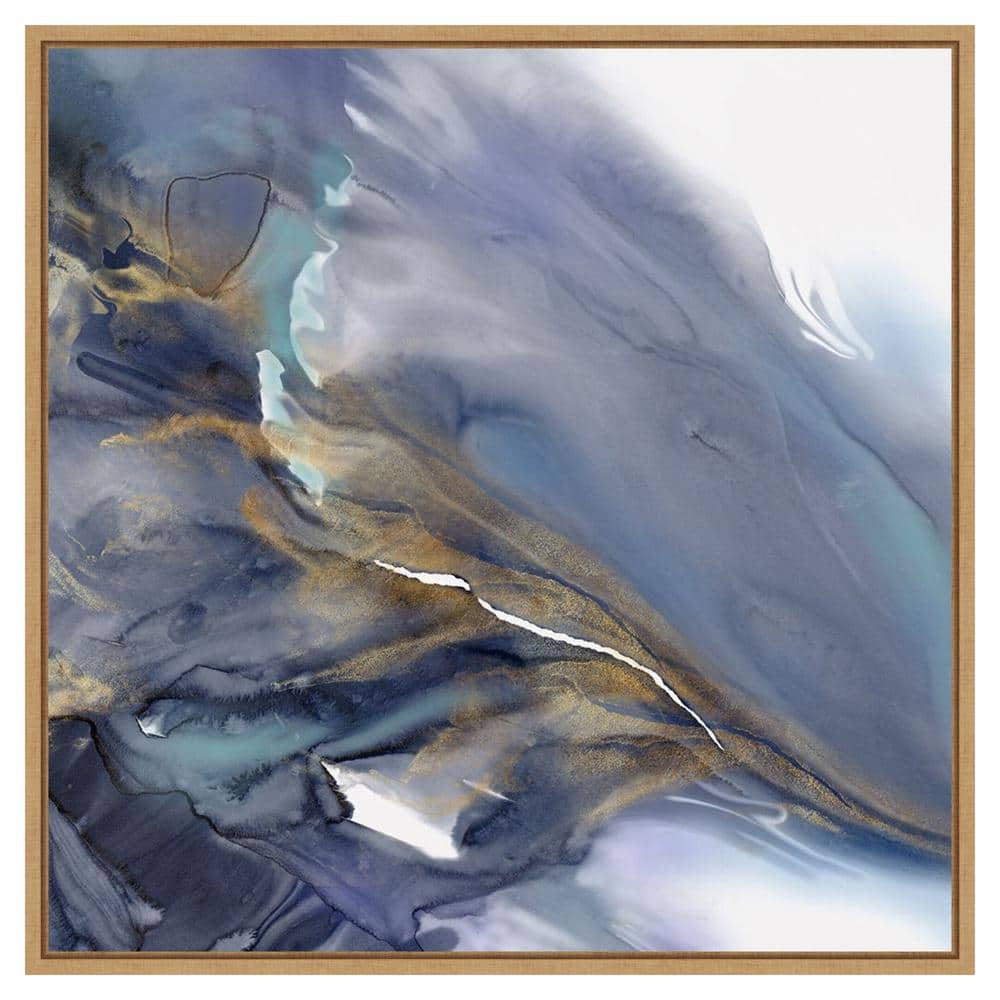 Water Wonder Abstract Blue and Gold Canvas Print with Maple Frame