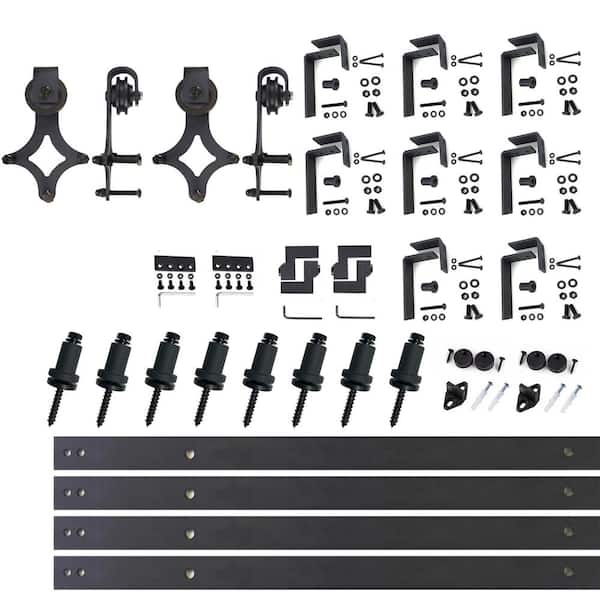 HOMACER 11 ft./132 in. Black Rustic Double Track Bypass U-Shape Sliding Barn Door Hardware Kit - Diamond Design Roller