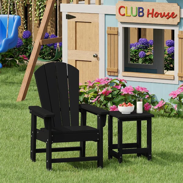 Children's Laguna Outdoor Patio All Weather Plastic Kids 2-Piece Adirondack Chair with Side Table in Black