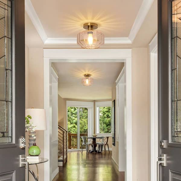 8.7 in. 1-Light Brass Semi-Flush Mount Ceiling Light with Amber Glass Shade