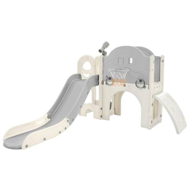 Bon Furni Gray and White 7-in-1 Freestanding Spaceship Playset with Slide, Telescope and Basketball Hoop