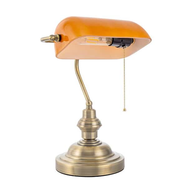 YANSUN 14 in. Banker Task and Reading Retro Gold Bedside Lamp with Orange Glass Shade, Classic Desk Light with Pull Chain
