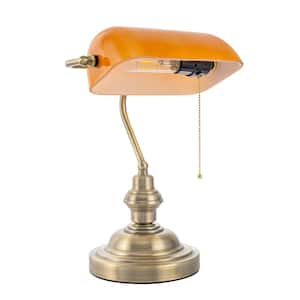 14 in. Vintage Gold Bedside Lamp with Orange Glass Shade, Retro Desk Light with Pull Chain Switch for Bedroom or Study