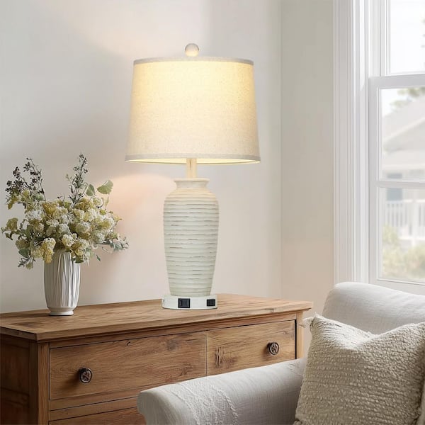 Modern 25 in. Resin Off-White Dimmable Table Lamp Set with USB-C and USB Ports, LED Bulb Included (Set of 2)