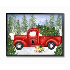 16 in. x 20 in. "Holiday Christmas Tree Lane Red Pickup Truck with Dog and Lantern" by Artist Sheri Hart Framed Wall Art