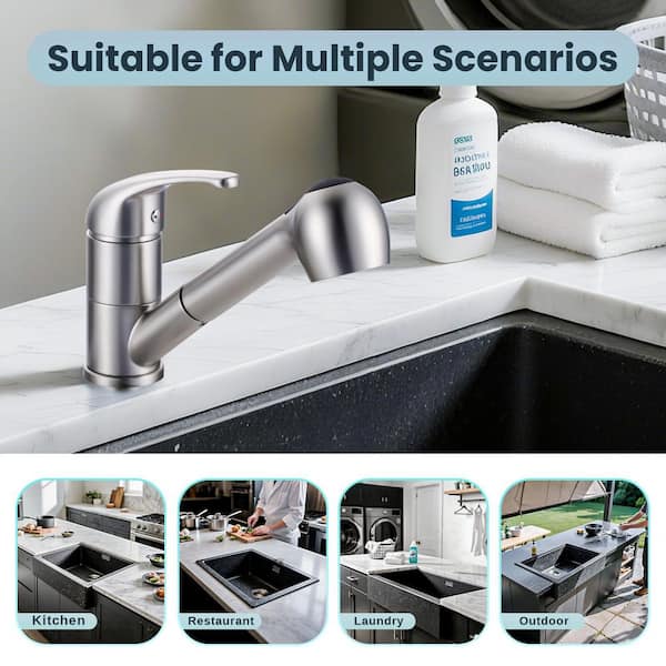 Single-Handle Pull Out Sprayer Kitchen Faucet with Deckplate Included Supply Lines in Brushed Nickel