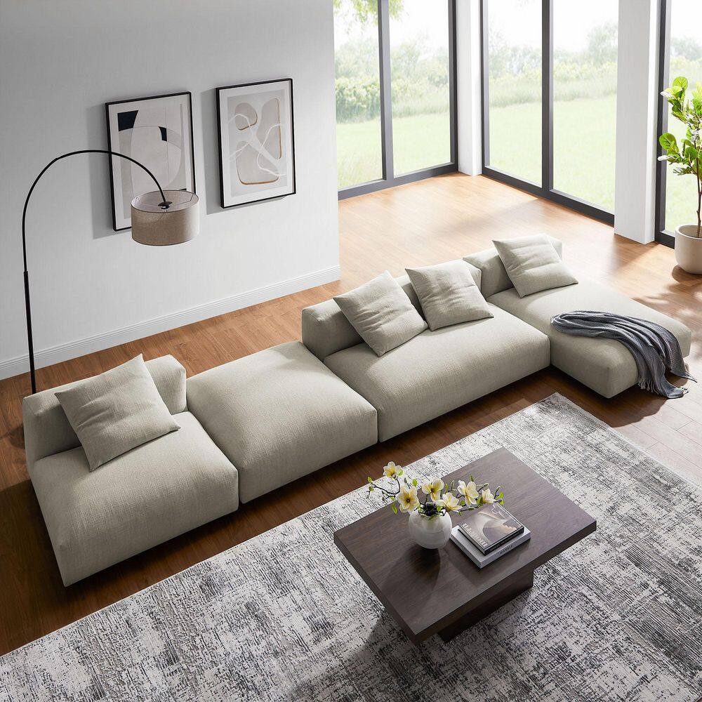Solace 148.23 in. 4-Piece Modular Upholstered Fabric Sectional Sofa With Ottoman in. Linen