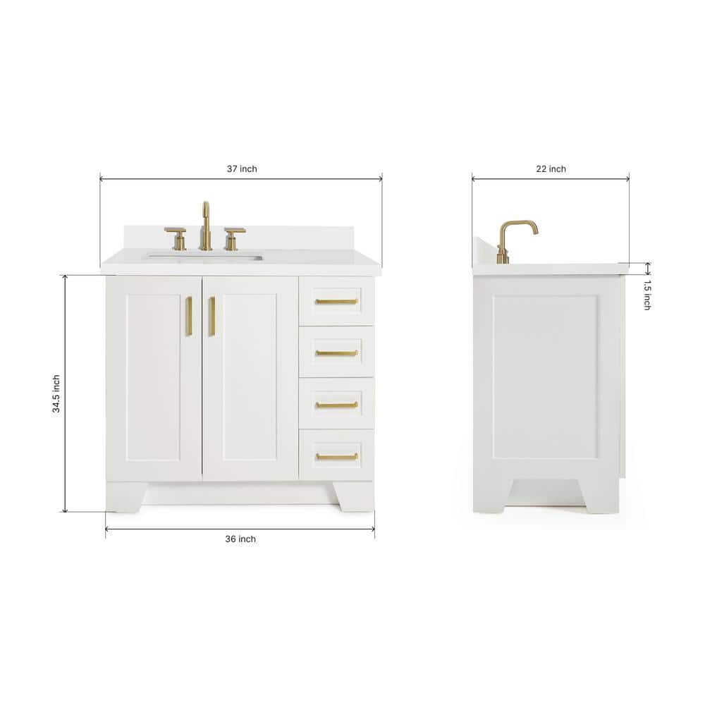 White Quartz Top Single Sink Bathroom Vanity with Brass Hardware