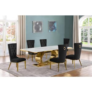 Ibraim 7-Piece Rectangle White Marble Top Gold Stainless Steel Base Dining Set with 6 Black Velvet Fabric Chairs