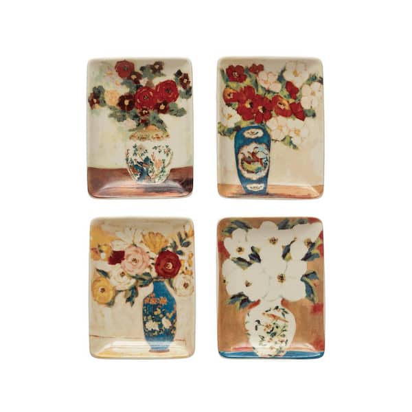 Storied Home Multicolor Flowers in Vase Print Stoneware Dish (Set of 4)