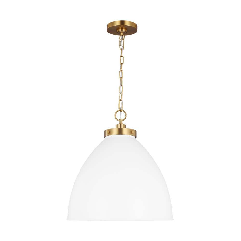 Wellfleet 17.5 in. W x 19.5 in. H 1-Light Matte White/Burnished Brass Large Dome Pendant Light with Steel Shade price history on PriceWatchPro