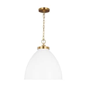 Wellfleet 17.5 in. W x 19.5 in. H 1-Light Matte White/Burnished Brass Large Dome Pendant Light with Steel Shade