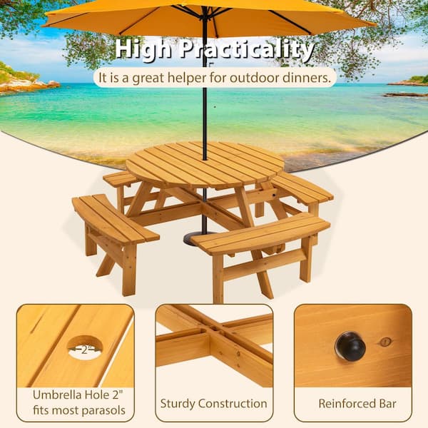 5-Piece Wood Outdoor Dining Set with 4-Built-in Benches