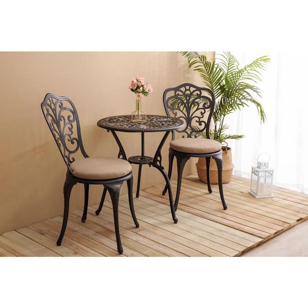 Sudzendf Black 3-Piece Cast Aluminum Outdoor Bistro Set with Brown Cushion