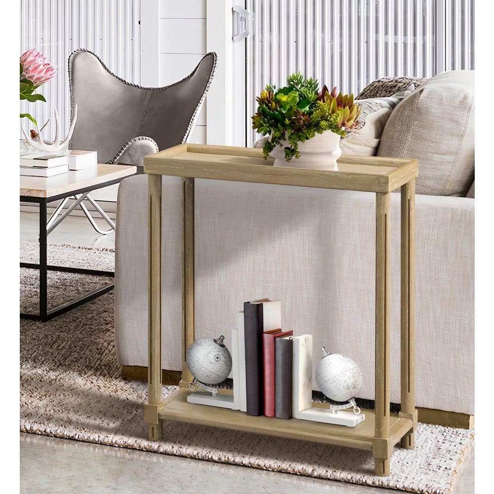 Harrison Distressed Oak Narrow Side Tables with Shelf, Set of 2